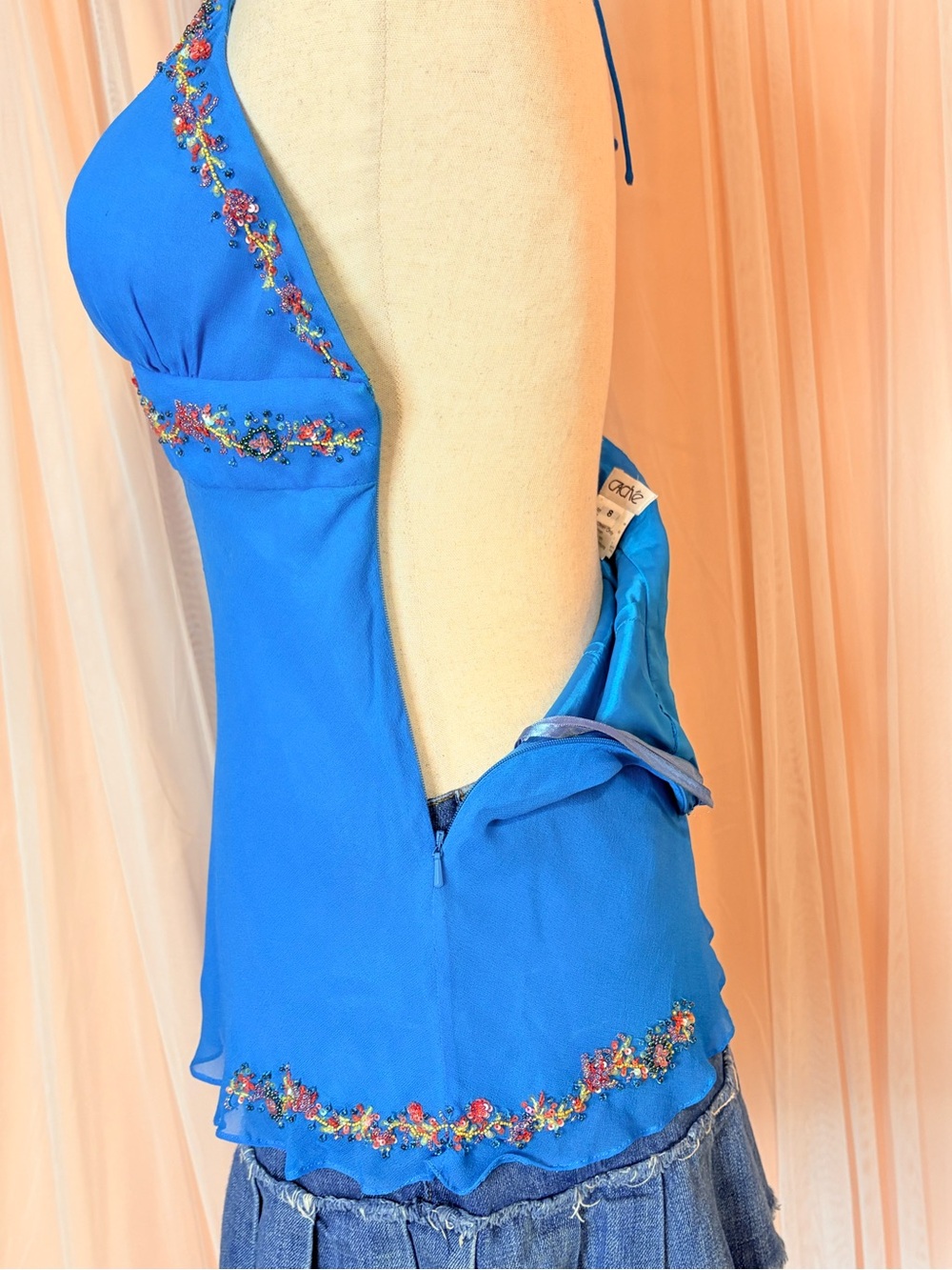 Caché 100% Silk Beaded Cami Tank Top Blue Y2K Fairy Boho Embellished Size 8 - Picture 8 of 14